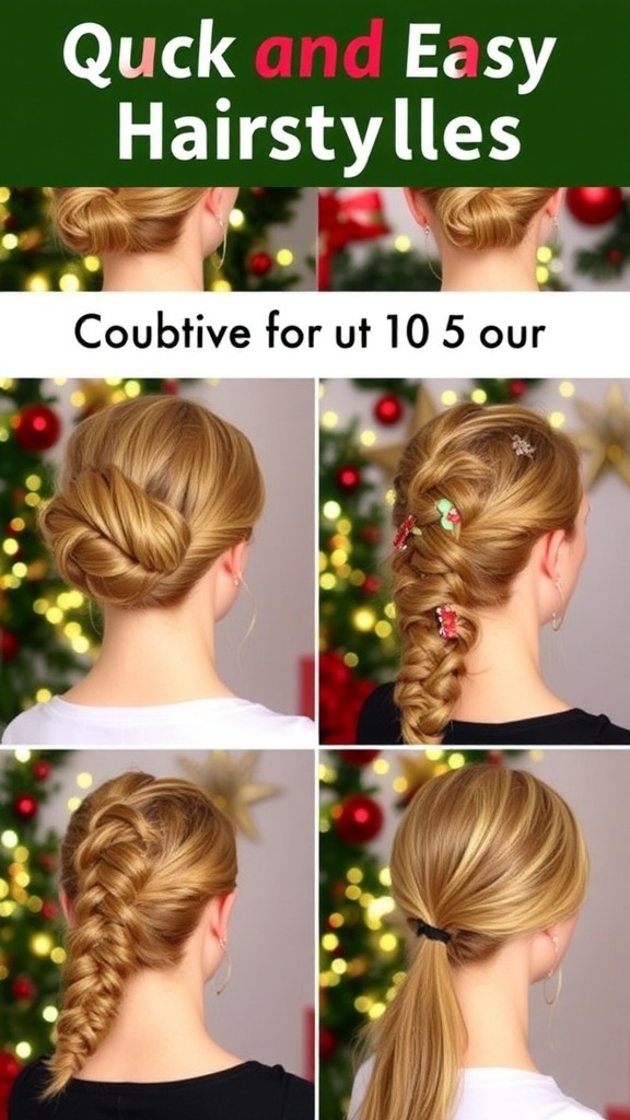 A collage of quick Christmas hairstyles featuring a twisted bun, braided crown, side braid, and sleek ponytail with holiday accessories.